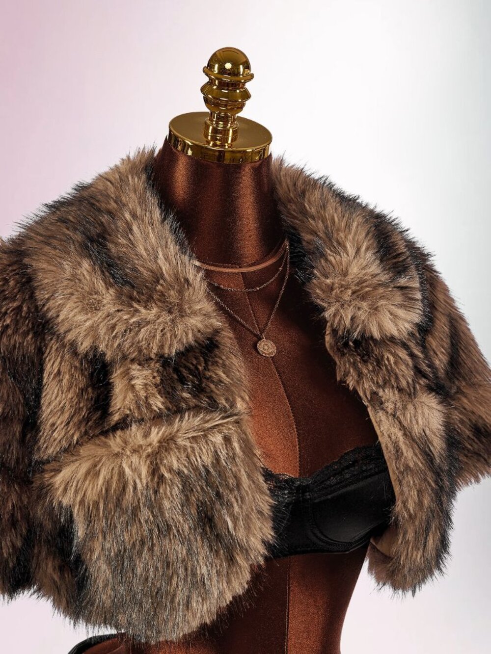 Brown Party Women's Cropped Faux Fur Jacket